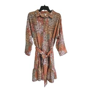 Cato Floral Shirt Dress Women XL Collared Popover Belted Tiered Long Sleeve Boho